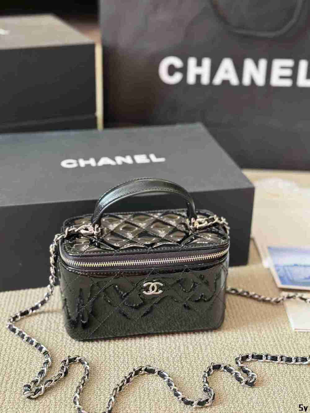 Chanel Quilted Shiny Leather Small Vanity Case Top Handle Chain Crossbody Bag